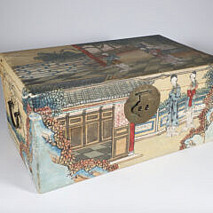 Hand Painted Chinese Pigskin Box with Brass Hardware and Lock