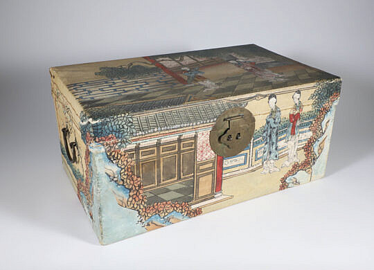 Hand Painted Chinese Pigskin Box with Brass Hardware and Lock
