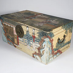 Hand Painted Chinese Pigskin Box with Brass Hardware and Lock Plate