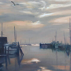Paul Longenecker Oil on Canvas “Nantucket Boat Basin at Dusk”