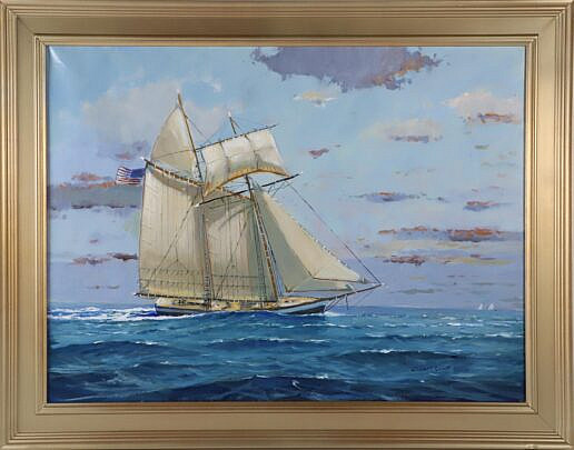 William Lowe Oil (American b. 1940) on Canvas "Top Sail Schooner at Sea"