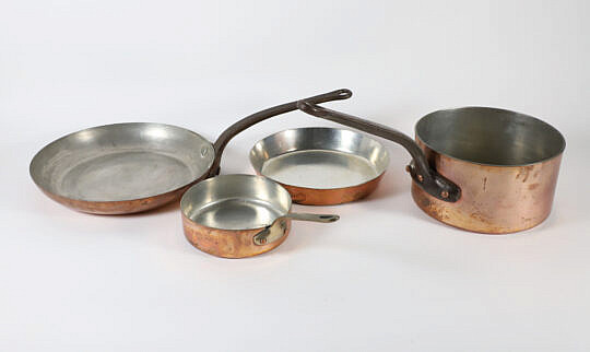 Four Antique Copper Skillets