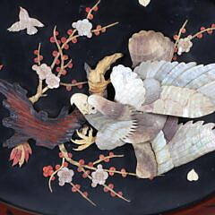 Chinese Oval Lacquer, Carved Mother of Pearl Eagle Plaque, 19th Century