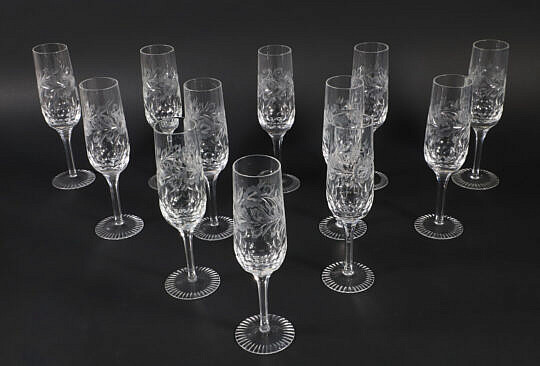 Set of 12 Etched Crystal Champagne flutes
