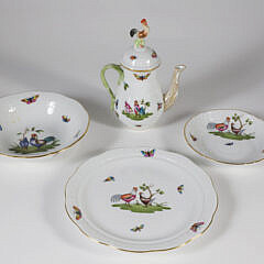 Five Piece Herend Hungary Hand-painted Porcelain Teapot Plate Saucer and Bowl
