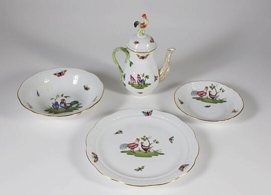 Five Piece Herend Hungary Hand-painted Porcelain Teapot Plate Saucer and Bowl