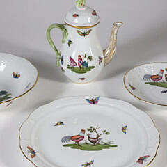 Five Pieces of Herend Hungary Hand-painted Porcelain Including a Teapot, Plate, Saucer, and Bowl