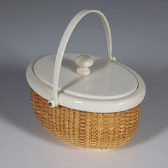 Jean M. Valerio Miniature Covered Swing Handle Oval Nantucket Basket, circa 2015