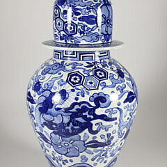 Contemporary Chinese Blue and White Covered Temple Jar with Foo Dog Finial