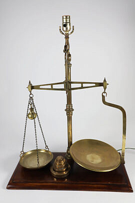 Antique Brass Scale on Wood Base Mounted as a Lamp