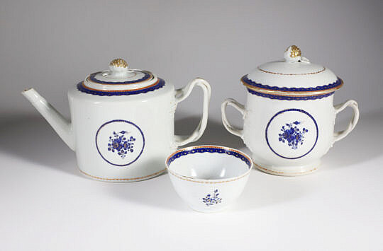 Chinese Export Teapot Drink Bowl and Two Handle Bowl 18th Century