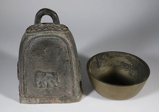 Asian Bronze Bell and Buddhist Temple Bowl Gong
