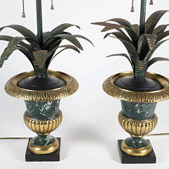 Pair of Brass and Faux Marble Pineapple Urn Lamps
