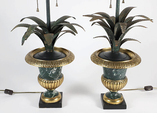 Pair of Brass and Faux Marble Pineapple Urn Lamps