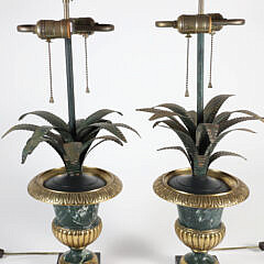 Pair of Brass and Faux Marble Pineapple Urn Lamps