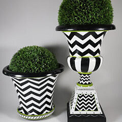 Two Mackenzie Childs Black and White Zig Zag Planters with Faux Greenery