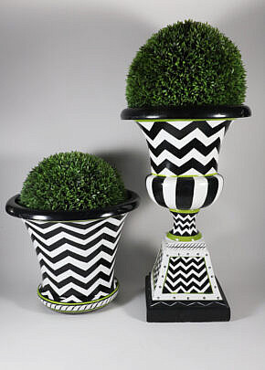Two Mackenzie Childs Black and White Zig Zag Planters with Faux Greenery
