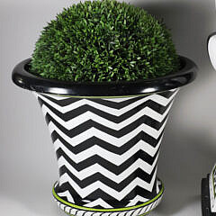 Two Mackenzie Childs Black and White Zig Zag Planters with Faux Greenery