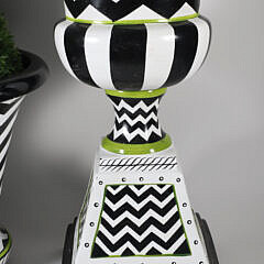 Two Mackenzie Childs Black and White Zig Zag Planters with Faux Greenery