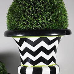 Two Mackenzie Childs Black and White Zig Zag Planters with Faux Greenery