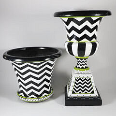 Two Mackenzie Childs Black and White Zig Zag Planters with Faux Greenery