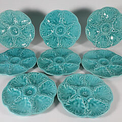 Set of Eight Vintage French Gien Turquoise Majolica Oyster Plates