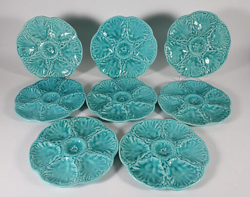 Set of Eight Vintage French Gien Turquoise Majolica Oyster Plates