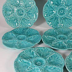 Set of Eight Vintage French Gien Turquoise Majolica Oyster Plates