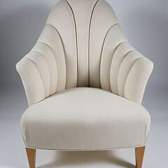 Mid Century Modern Style Linen Upholstered Fluted Petal Back Armchair on Square Tapering Legs