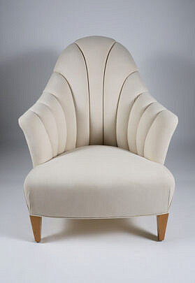 Mid Century Modern Style Linen Upholstered Fluted Petal Back Armchair on Square Tapering Legs