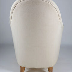 Mid Century Modern Style Linen Upholstered Fluted Petal Back Armchair on Square Tapering Legs