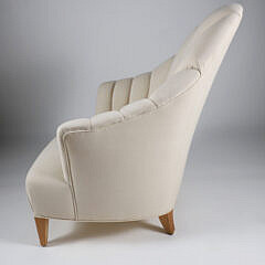 Mid Century Modern Style Linen Upholstered Fluted Petal Back Armchair on Square Tapering Legs
