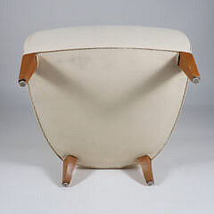 Mid Century Modern Style Linen Upholstered Fluted Petal Back Armchair on Square Tapering Legs