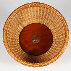 Jean M. Valerio Woven Round Open Nantucket Basket Carved Scallop Shell Cherrywood Base circa 2002