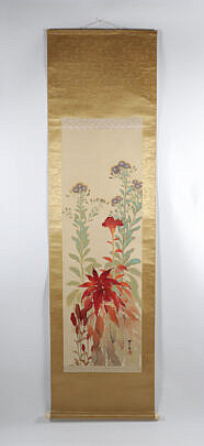 Japanese Watercolor Scroll Depicting Fall Plants Including a Poinsettia