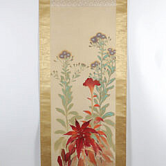 Japanese Watercolor Scroll Depicting Fall Plants Including a Poinsettia