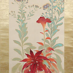 Japanese Watercolor Scroll Depicting Fall Plants Including a Poinsettia