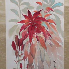 Japanese Watercolor Scroll Depicting Fall Plants Including a Poinsettia
