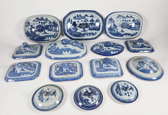 Collection of Fourteen Blue and White Canton Lids and Covers 19th Century