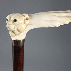 Continental Carved Dog Bust and Paw L-Grip Cane, circa 1880