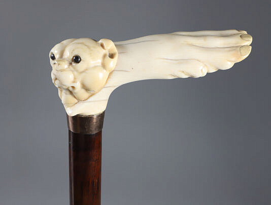 Continental Carved Dog Bust and Paw L-Grip Cane, circa 1880