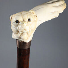 Continental Carved Dog Bust and Paw L-Grip Cane, circa 1880