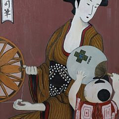 Hiroshi Oil on Canvas “Mother and Child” in Traditional Ukioyo-e Style