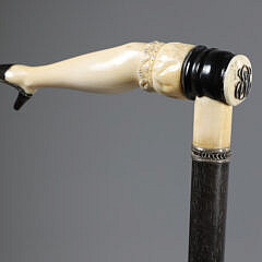 German Carved Woman’s Leg with Silver Slipper Cane, circa 1890