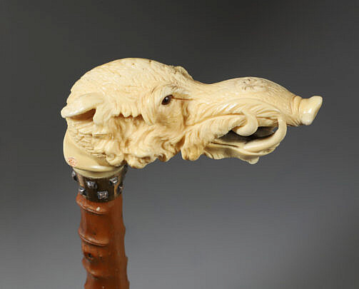 German Finely Carved Boars Head Grip Cane, circa 1870
