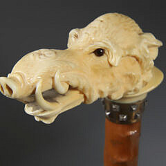 German Finely Carved Boars Head Grip Cane, circa 1870