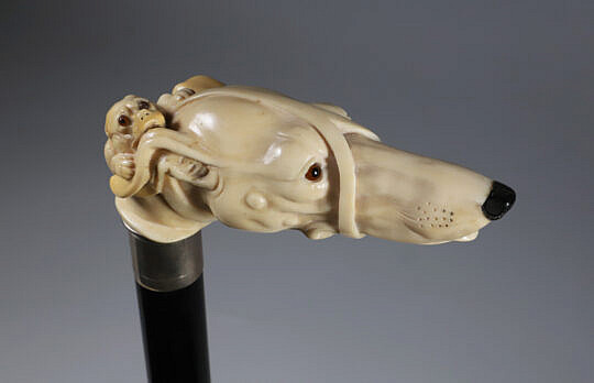Antique Large Mixed Media Greyhound Cane, circa 1870