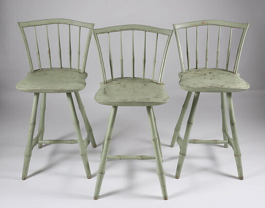 Set of 3 Contemporary Windsor Style Green Painted Counter Barstool Chairs