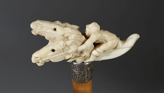 Carved Jockey with Two Horses Cane, circa 1880