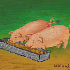 Charles Wehringer Miniature Still Life Oil on Board "Pigs at the Trough"